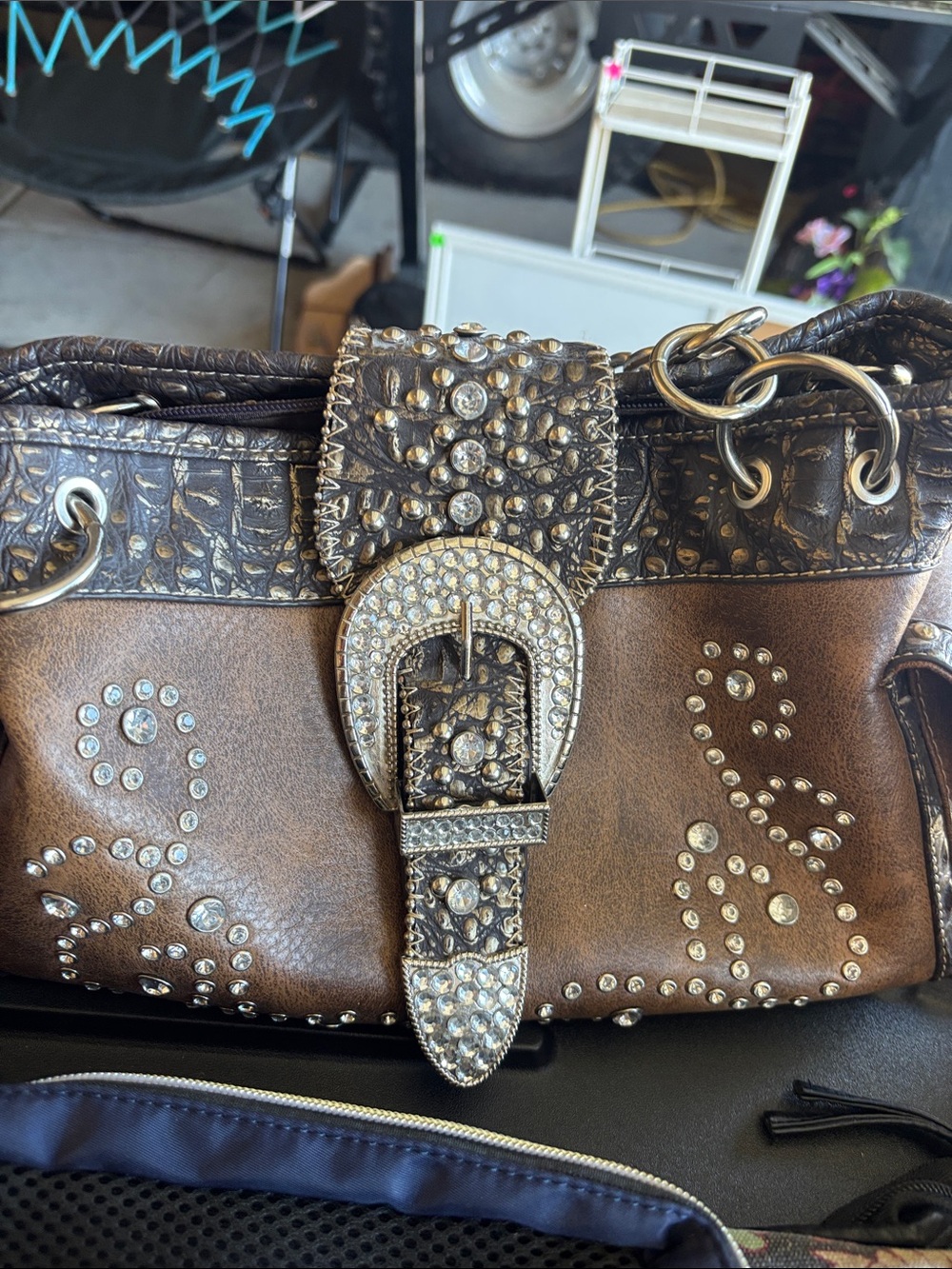 Embellished Brown Rhinestone Buckle Shoulder Bag